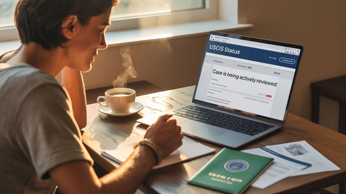 Person calmly checking USCIS case status on laptop with documents and green card on desk