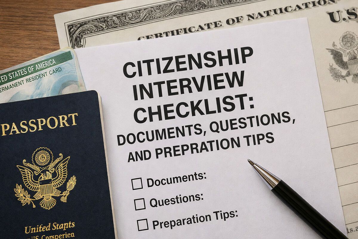 Citizenship interview checklist with U.S. passport, green card, and naturalization certificate on desk