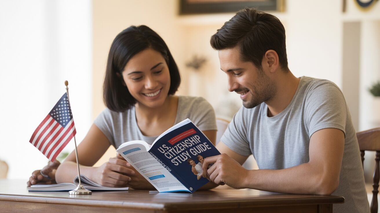 Couple preparing together for the U.S. citizenship civics test using bilingual study materials