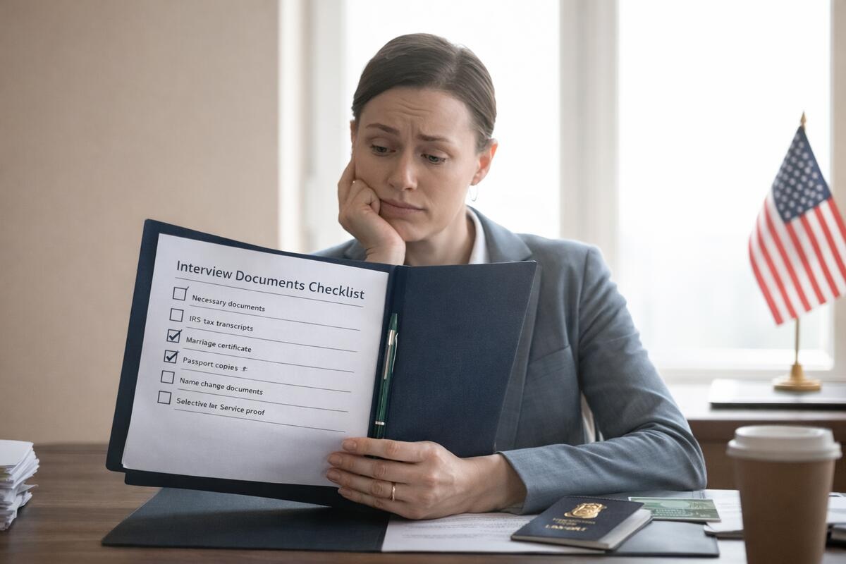 Person reviewing citizenship documents at desk before interview