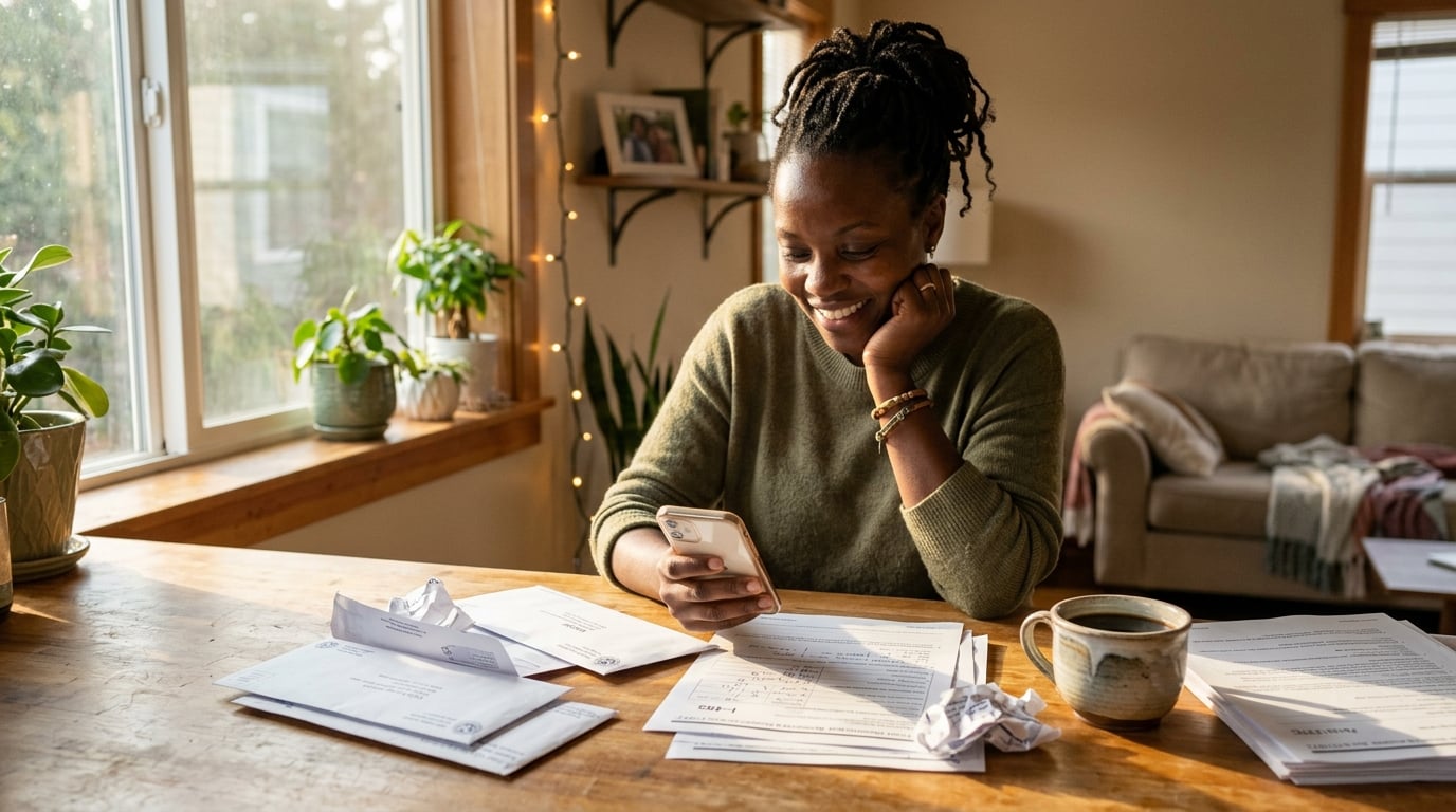 Immigrant reading USCIS Interview Was Scheduled notice on phone at home