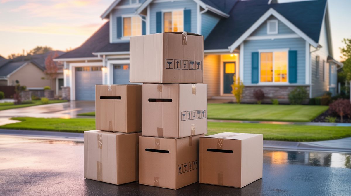 Moving boxes in front of house representing address change during citizenship application