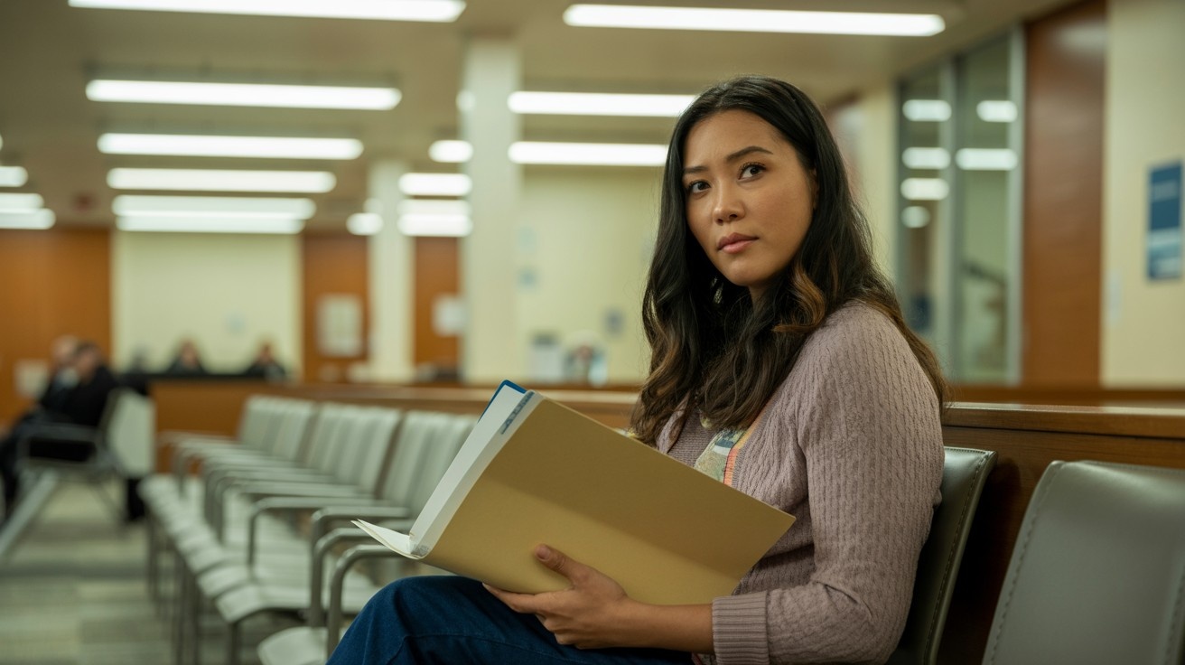 Woman holding documents and waiting for her N-400 citizenship interview at a USCIS field office