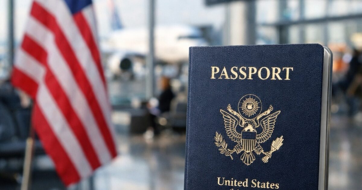 U.S. passport at airport with American flag representing travel during citizenship application process