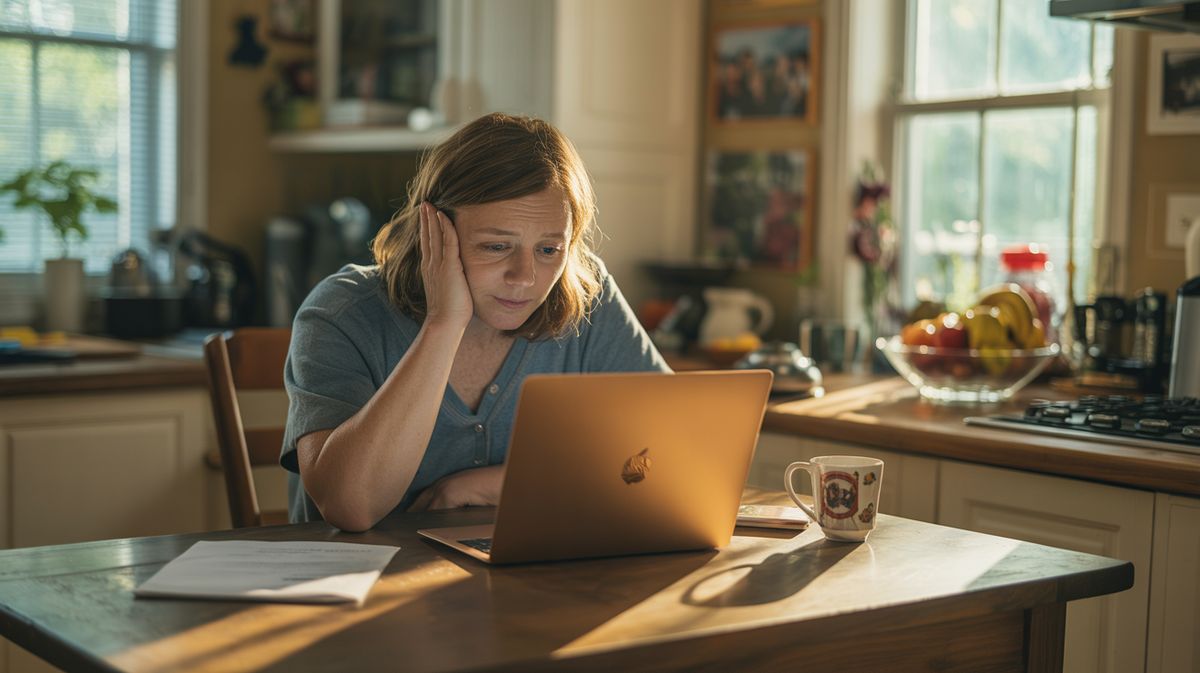 Person waiting at kitchen table checking USCIS background check status on laptop with immigration documents nearby