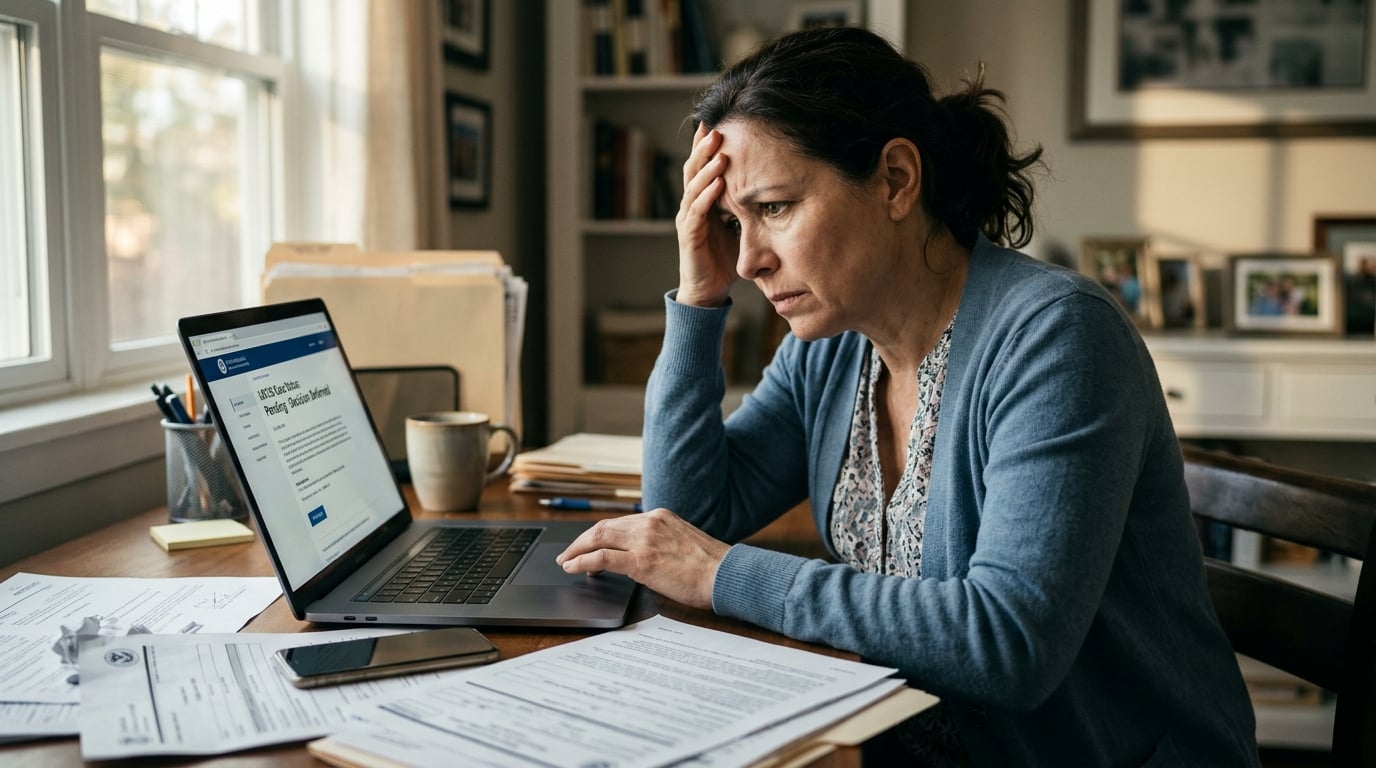 Person anxiously checking their USCIS case status on a laptop after case exceeded normal processing time