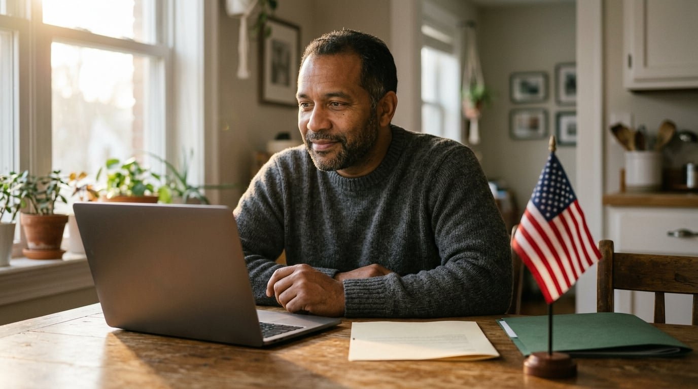 Person at home calmly checking their USCIS case status on a laptop after months of waiting in 2026